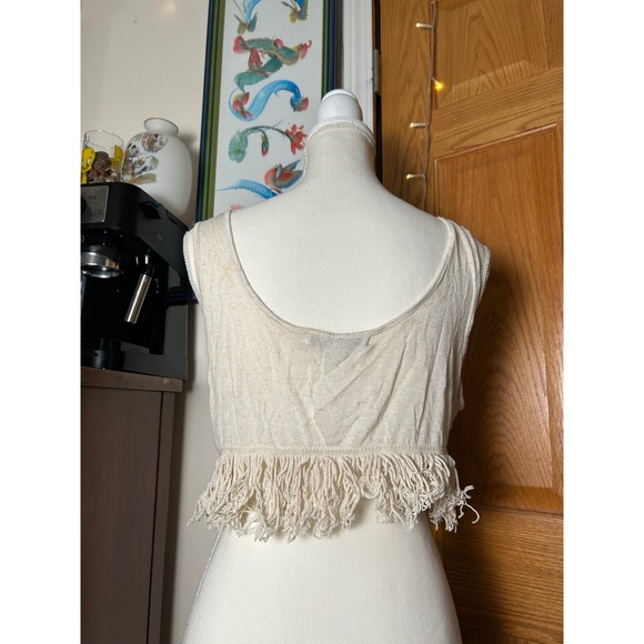 Forever 21 Crop Top Women's Sheer Boho‎ Y2K Floral Fringe Beige M/M - Picture 2 of 7